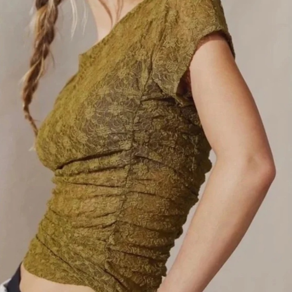 Free People Intimately keep it simple ruched sheer olive green lace top
